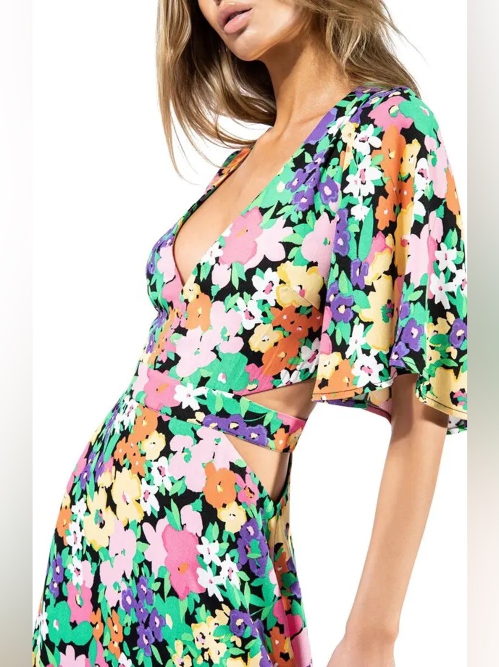 AFRM Floral V-Neck Maxi Dress With Side Cutouta in Multicolor NWOT - Picture 3 of 12
